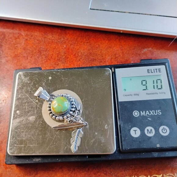 Southwest Green Turquoise Sterling Silver Feather Dangle Pendant Statement - Picture 7 of 9